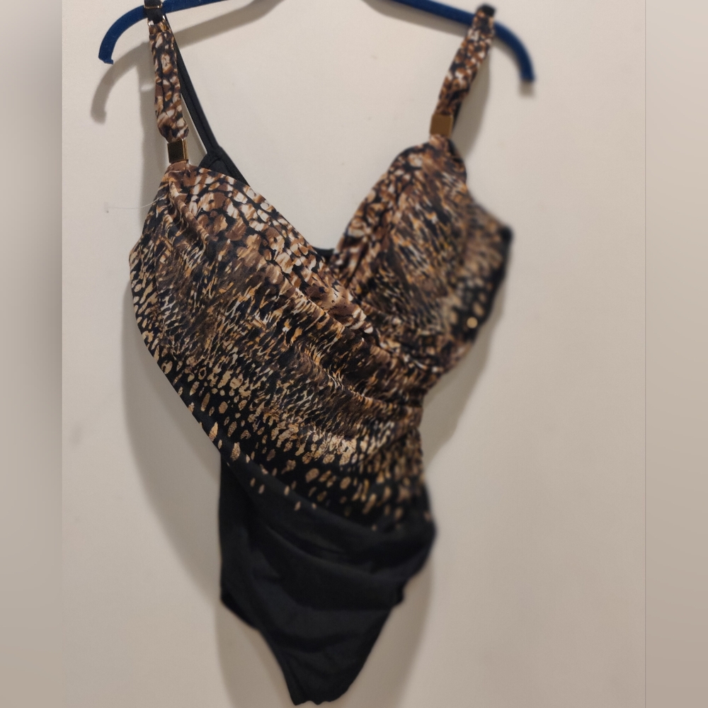 Miraclesuit Color block Helix Black Brown One piece Swimsuit Sz 16
